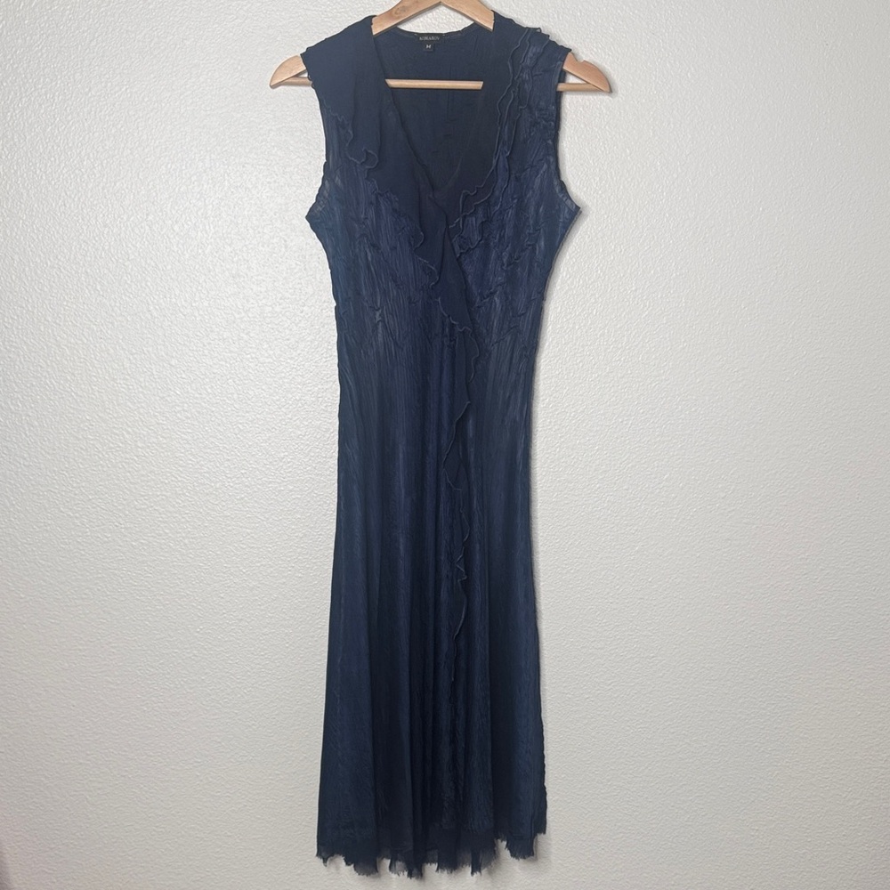 Komarov V Cut Navy Blue Midi Dress Ruffle Crinkle Sleeveless Medium Cocktail